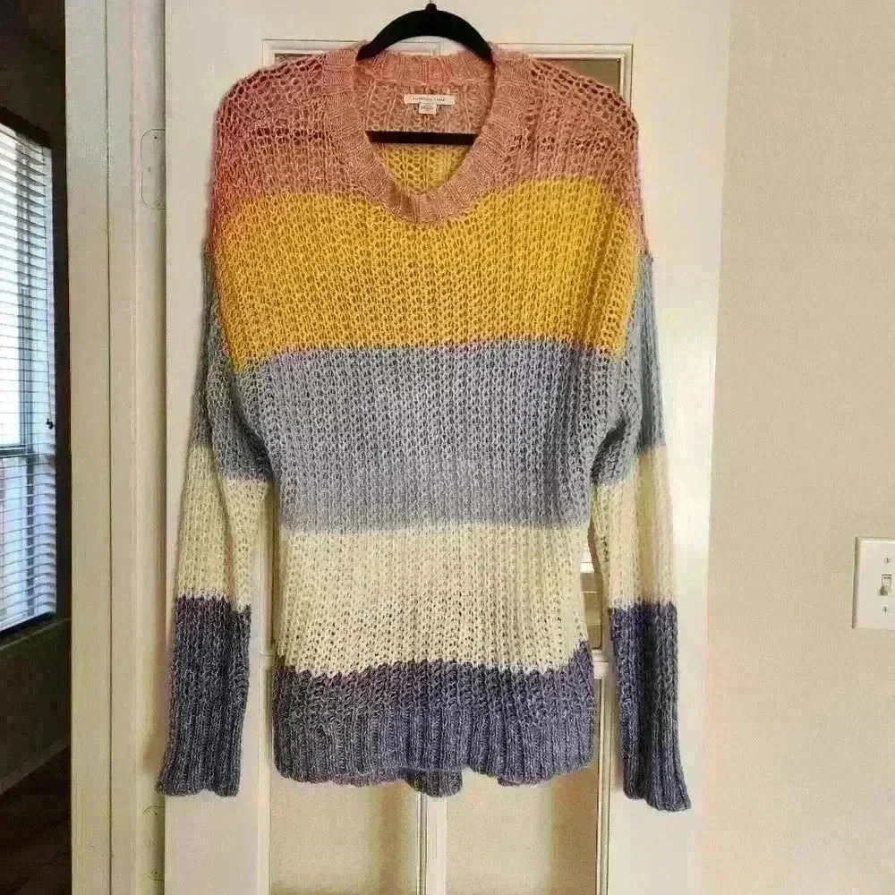 American Eagle Women's Knit Chunky Multicolored Striped Wool Fall Sweater Large